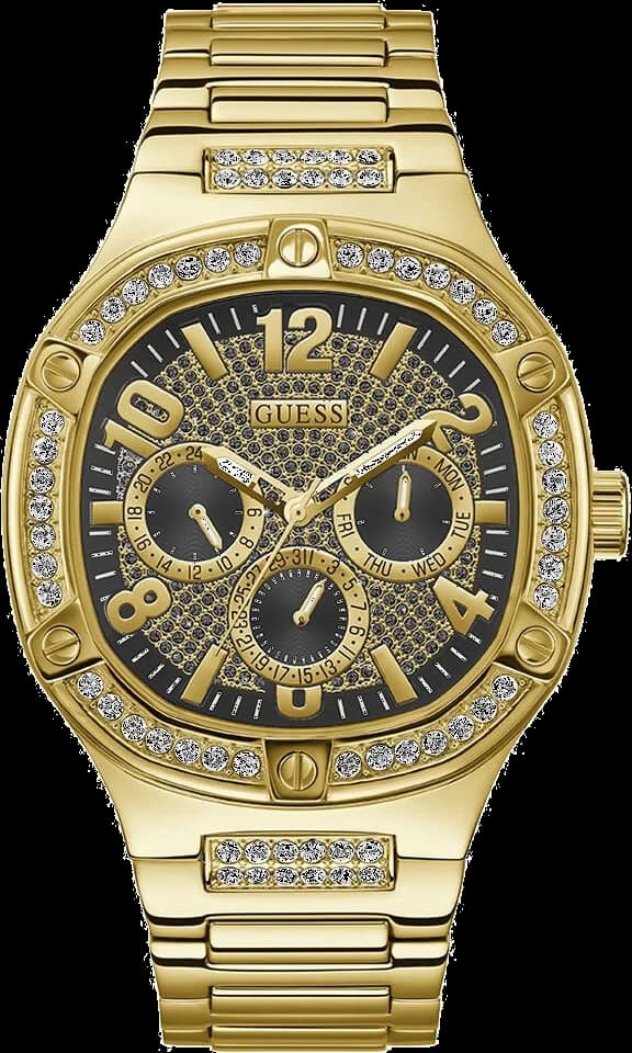Montre Guess GW0576G2 avec cadran blanc, index dorés et aiguilles multifonction sur fond lumineux