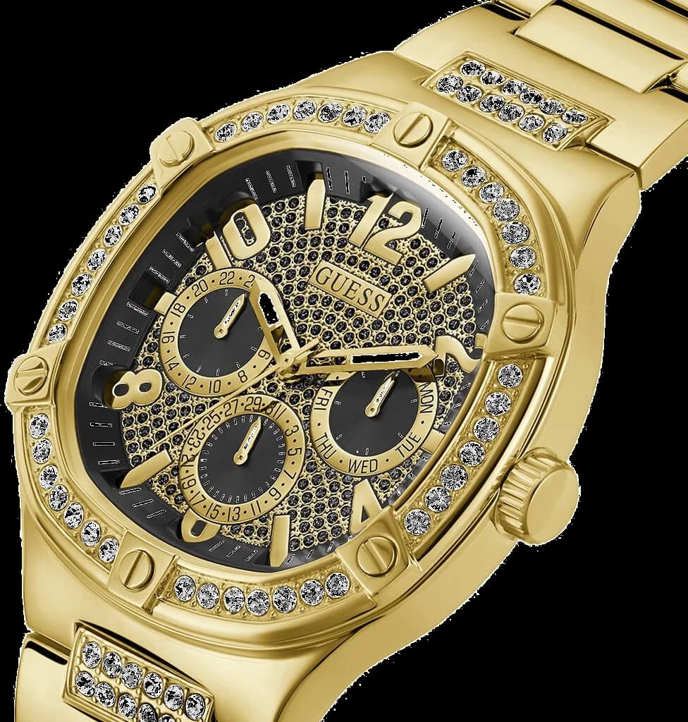 Cadran Guess GW0576G2 détail des sous-cadrans chronographe, date à 4h30 et aiguilles dorées