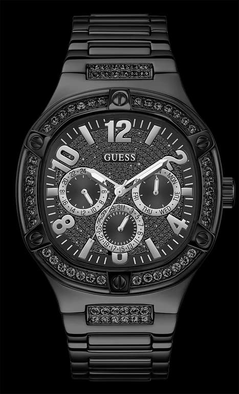 Montre Guess GW0576G3 au cadran noir multifonction, acier brossé et index argentés