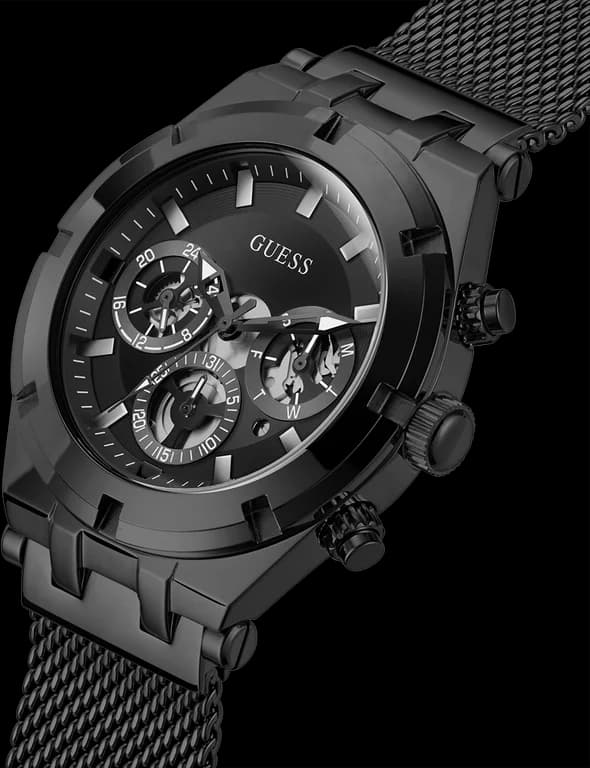 Montre Homme Guess Continental GW0582G3 bracelet maille milanaise noir en acier cadran multifonction vue 3