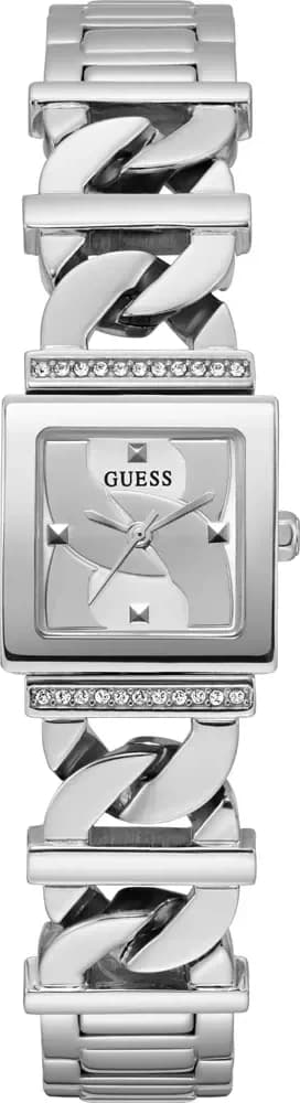 Montre Guess GW0603L1 au cadran carré argenté avec index appliqués et aiguilles dorées, style chic et moderne