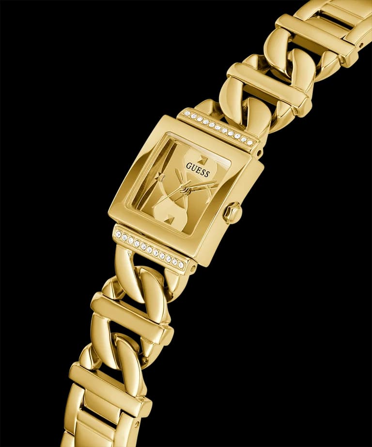 Cadran Guess GW0603L2 carré doré avec index bâtons et aiguilles dorées, sans date, style épuré