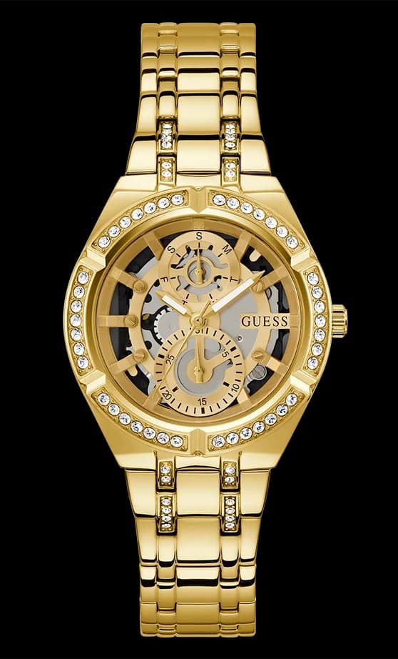Montre Guess GW0604L2 avec cadran squelette doré, cristaux scintillants et style élégant pour femme