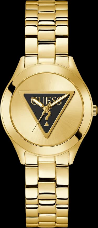 Montre Guess GW0675L2 avec cadran noir soleil, index dorés et aiguilles bâton, style chic intemporel