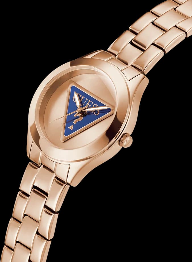 Cadran Guess GW0675L3 avec index dorés et aiguilles bâtons, logo Guess gravé au centre