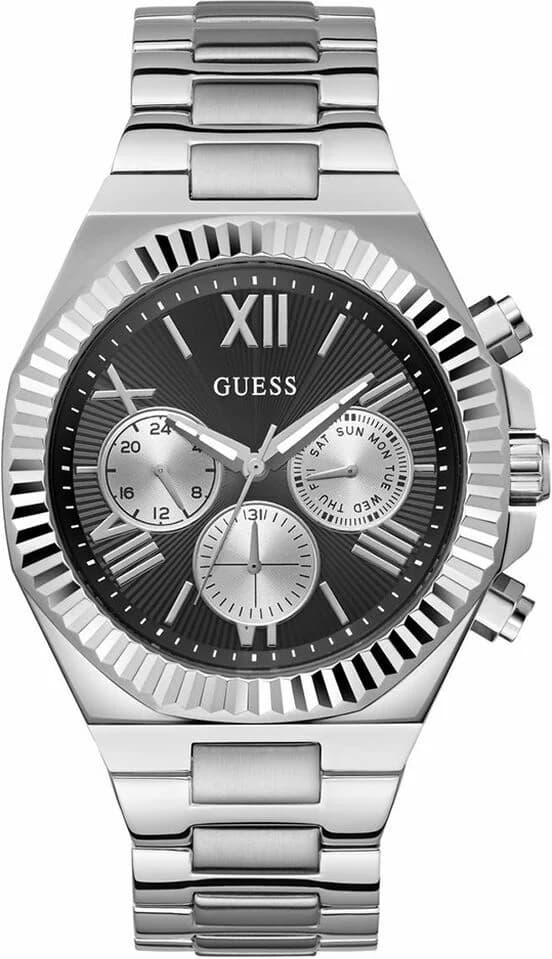 Montre Guess GW0703G1 au cadran noir multifonctions sur fond argenté, style chic et moderne