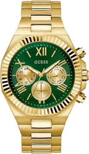 Montre Guess GW0703G2 au cadran vert soleil et boîtier acier doré, style élégant et moderne