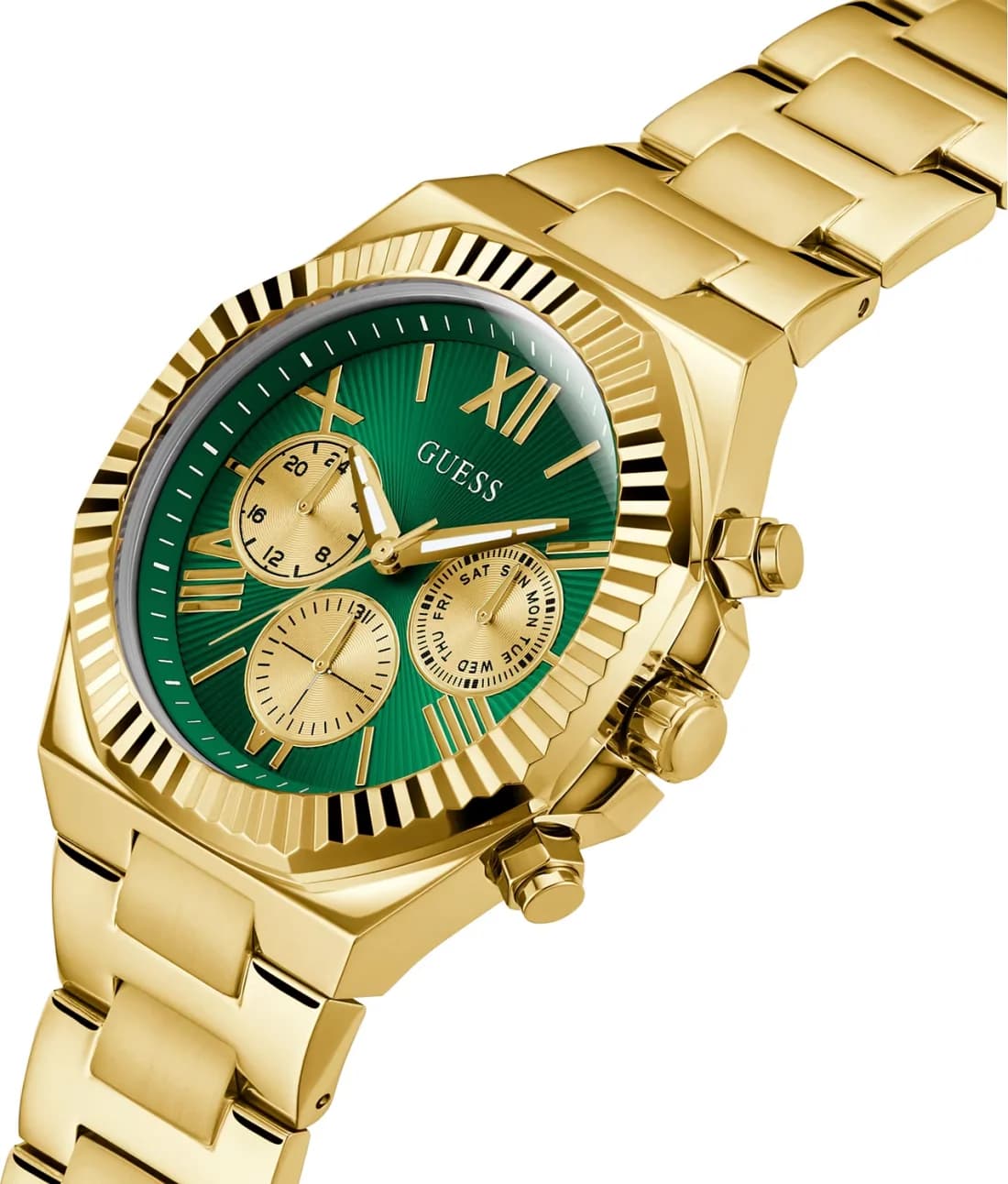 Cadran Guess GW0703G2 vert avec index bâtons et aiguilles dorés, date à 3h, design épuré