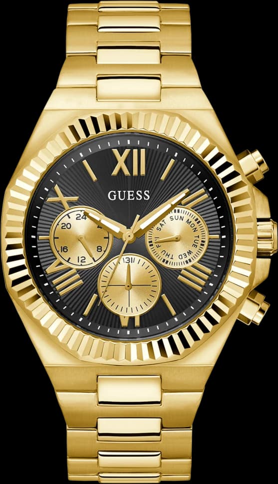 Montre Guess GW0703G5 équipée d'un cadran noir multifonctions et d'un boîtier acier doré au style élégant
