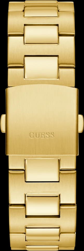 Boîtier Guess GW0703G5 en acier doré avec lunette lisse et verre minéral bombé vu de profil