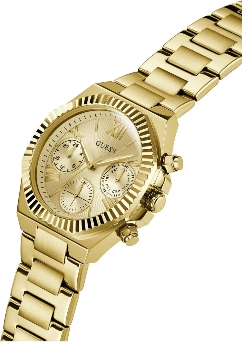 Cadran Guess GW0769L2 affiche trois sous-cadrans et aiguilles dorées