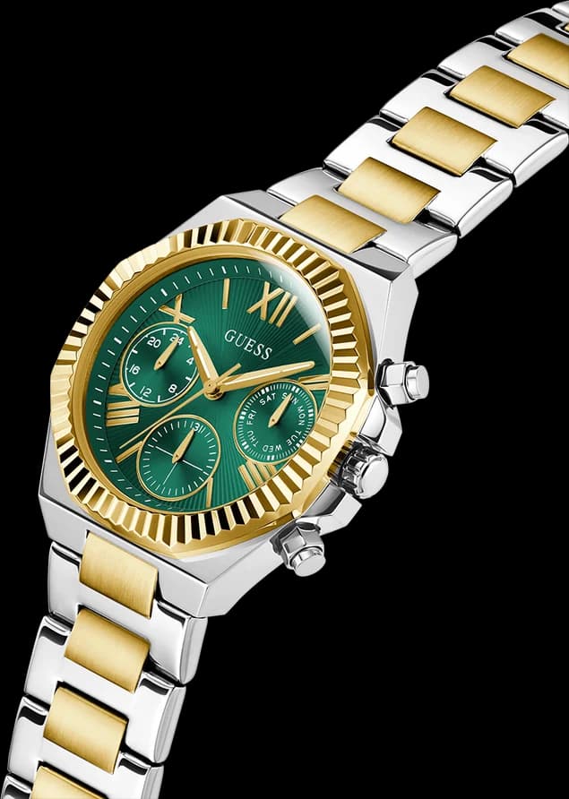 Cadran Guess GW0769L4 vert multifonctions avec aiguilles dorées et guichet date