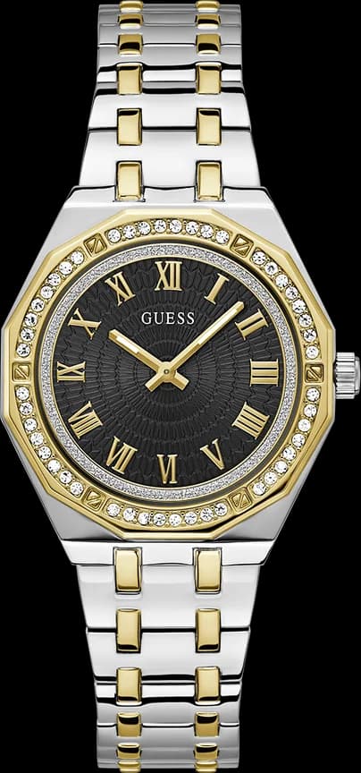 Montre Guess GW0770L4 au cadran noir guilloché avec index dorés et aiguilles bicolores, style chic et moderne