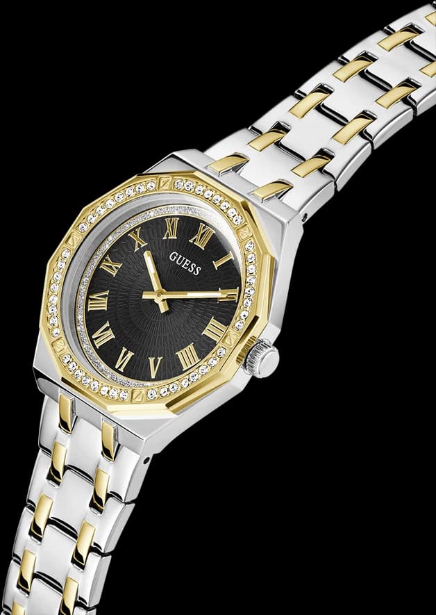 Cadran Guess GW0770L4 au motif guilloché noir, index bâtons dorés, aiguilles bicolores et date à 3h, élégant