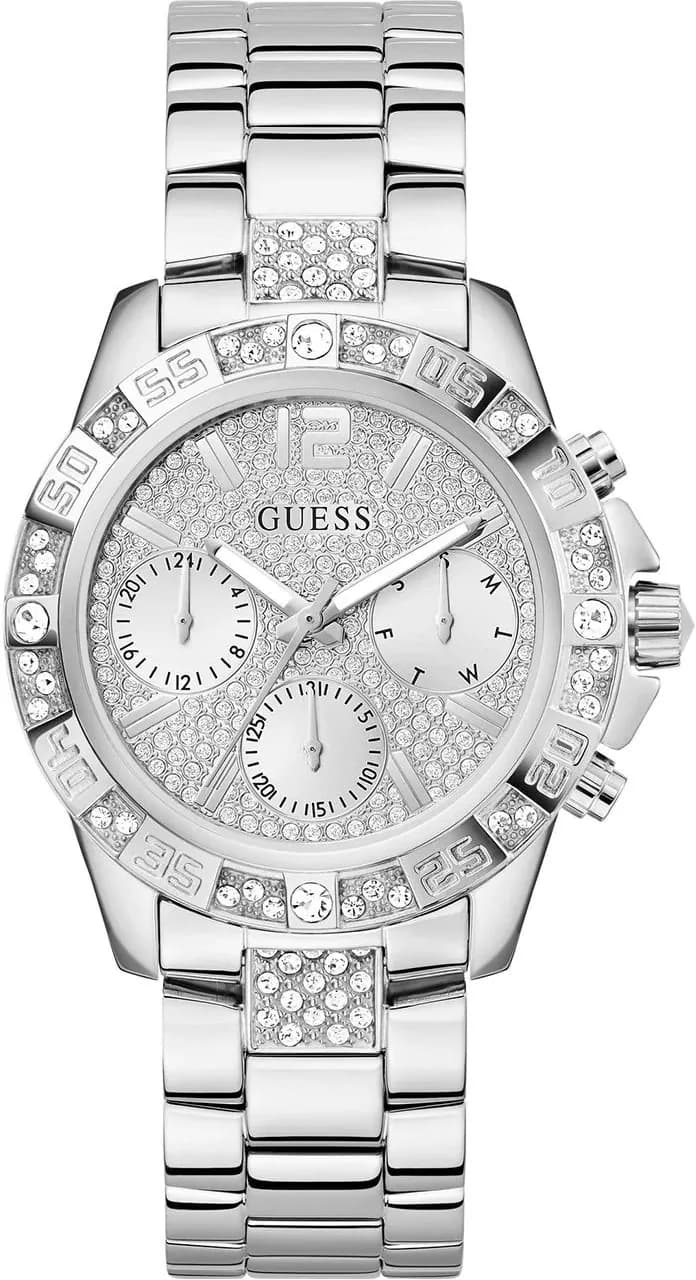 Montre Guess GW0771L1 au cadran blanc nacré orné de cristaux scintillants et index dorés, style élégant et féminin