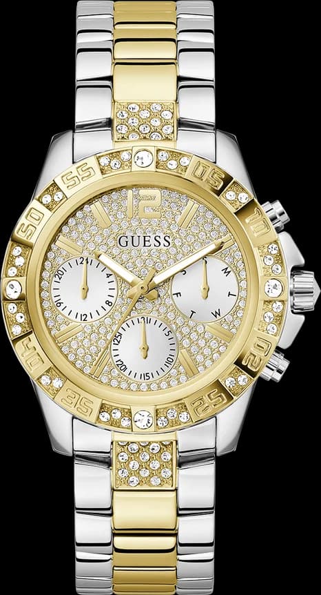 Montre Guess GW0771L3 au cadran blanc orné de cristaux scintillants et aiguilles dorées, style élégant et féminin