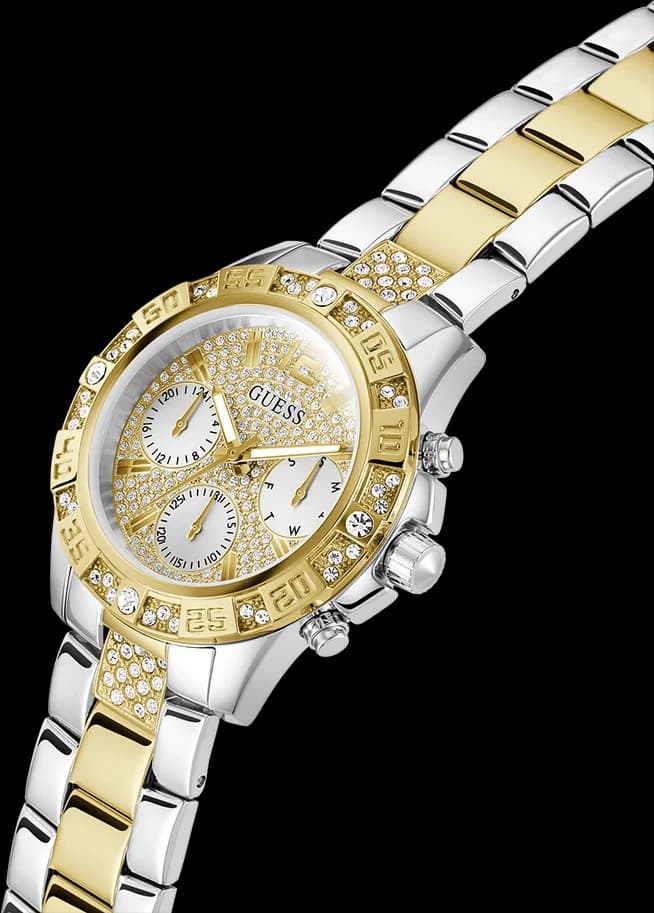 Cadran Guess GW0771L3 blanc avec index cristal et chiffres romains, aiguilles dorées et date à 3h