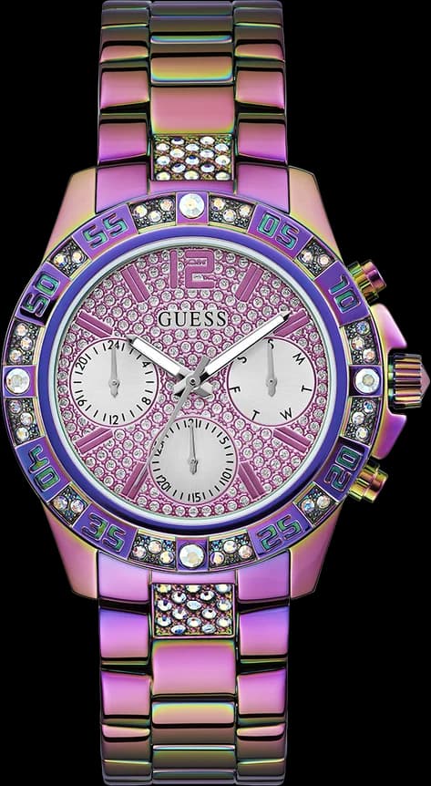 Montre Guess GW0771L4 avec cadran blanc nacre, cristaux arc-en-ciel et index dorés, style glamour