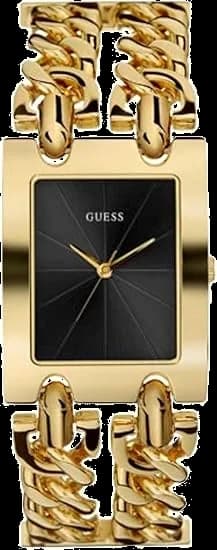 Montre Guess U1117L5 au cadran noir avec index dorés, style heavy metal, design imposant et moderne