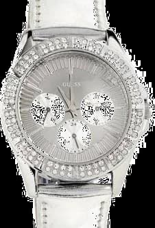 Montre Guess U11517L1 au cadran blanc argenté avec index dorés et aiguilles bâton sur fond soleil