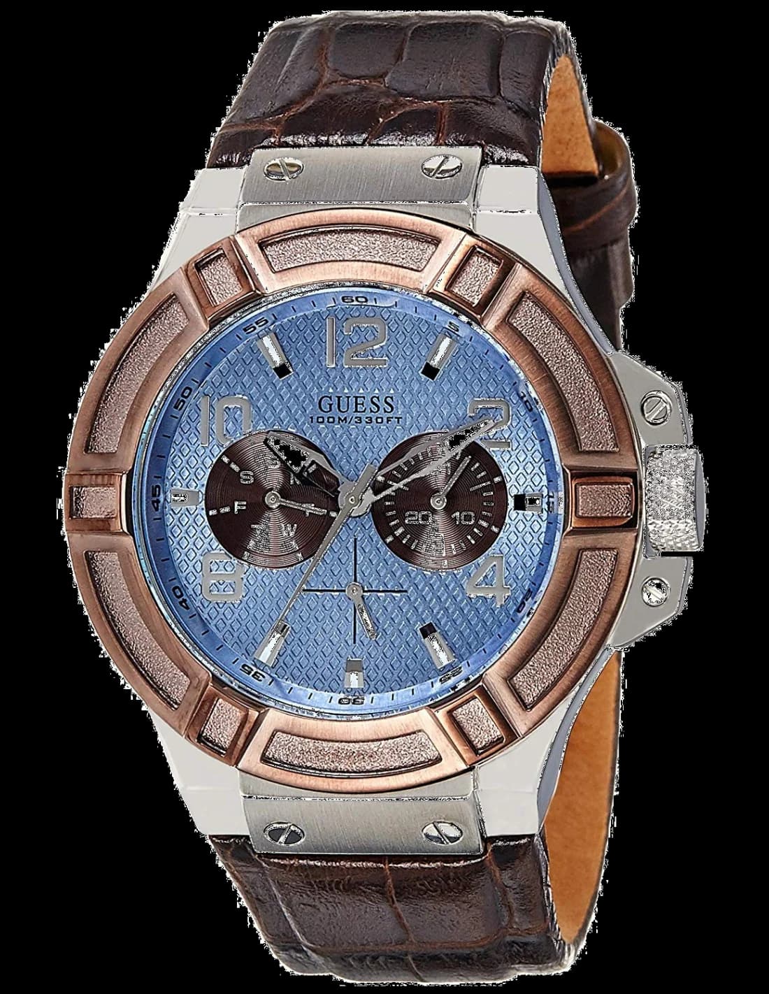 Montre Guess W0040G10 avec cadran noir texturé et aiguilles dorées sur fond marron