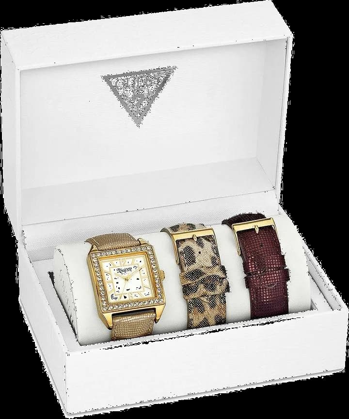 Montre Guess W0068L2 avec cadran blanc et motifs animaliers, trois bracelets interchangeables