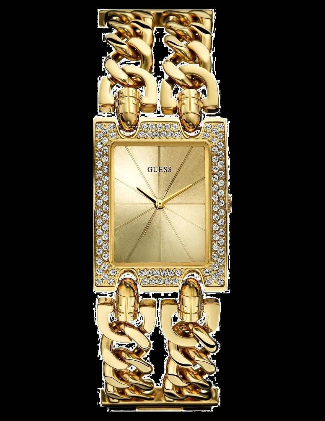 Montre Guess W0072L1 avec cadran blanc et aiguilles dorées sur fond soleil