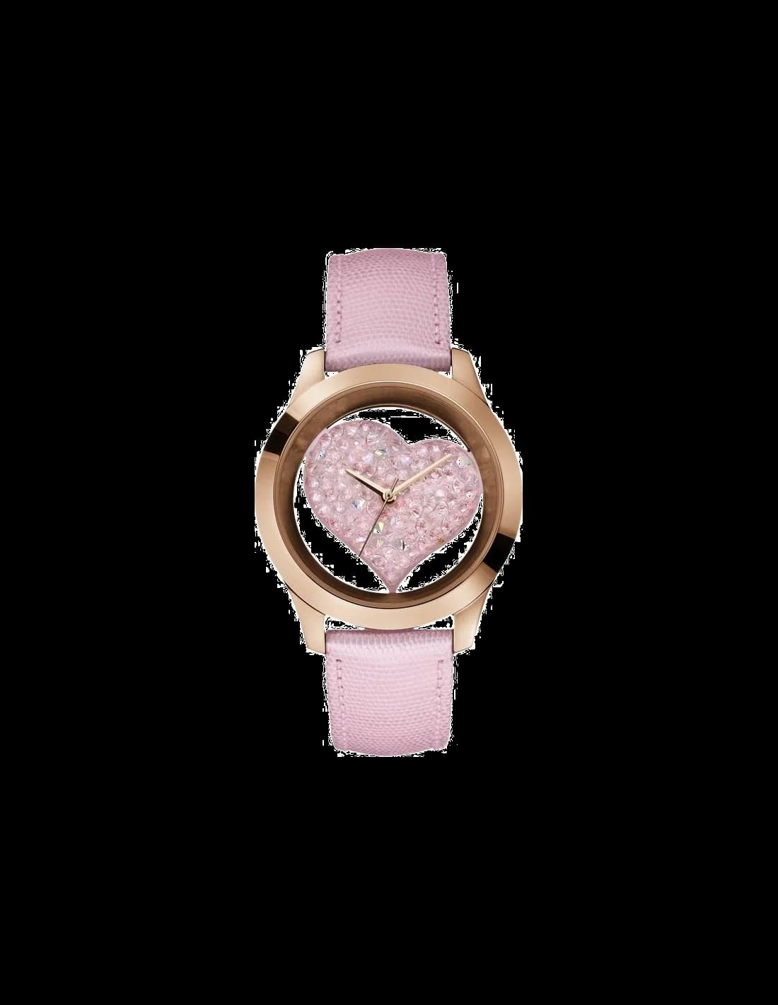Montre Guess W0113L5 au cadran coeur rose brillant avec index dorés et aiguilles en forme de coeur
