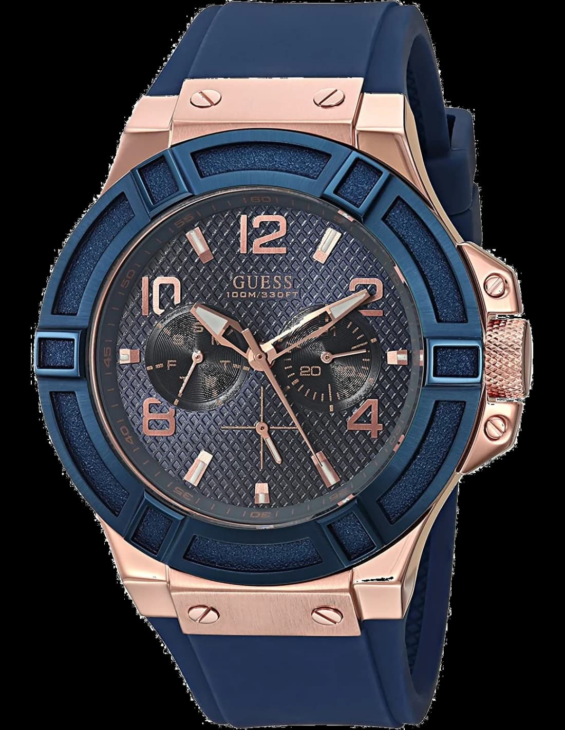 Montre Guess W0247G3 au cadran doré rose et bracelet silicone bleu, style moderne et sport-chic