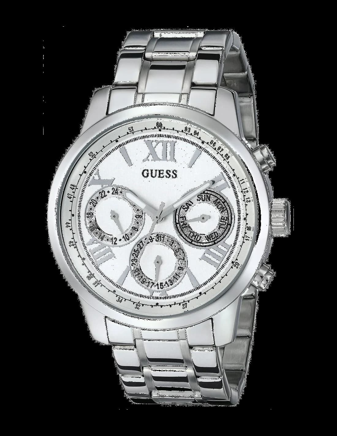 Montre Guess W0330L3 argentée avec cadran blanc et index dorés, style sporty chic