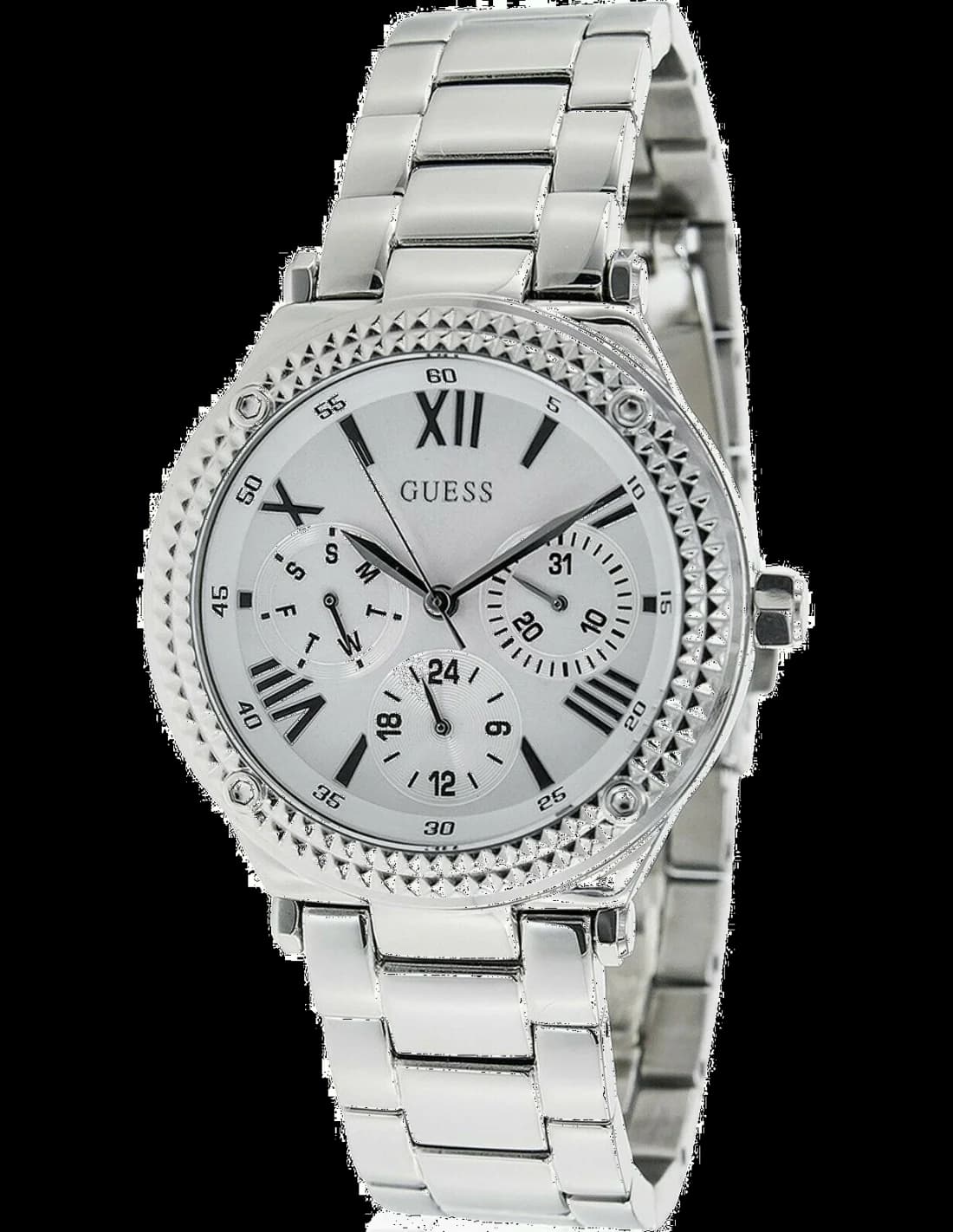 Montre Guess W0331L1 en acier argenté avec cadran blanc et index dorés, style élégant