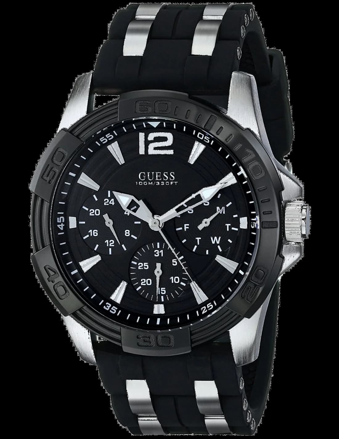 Montre Guess W0366G1 au cadran noir avec index dorés et aiguilles luminescentes, style élégant et sportif