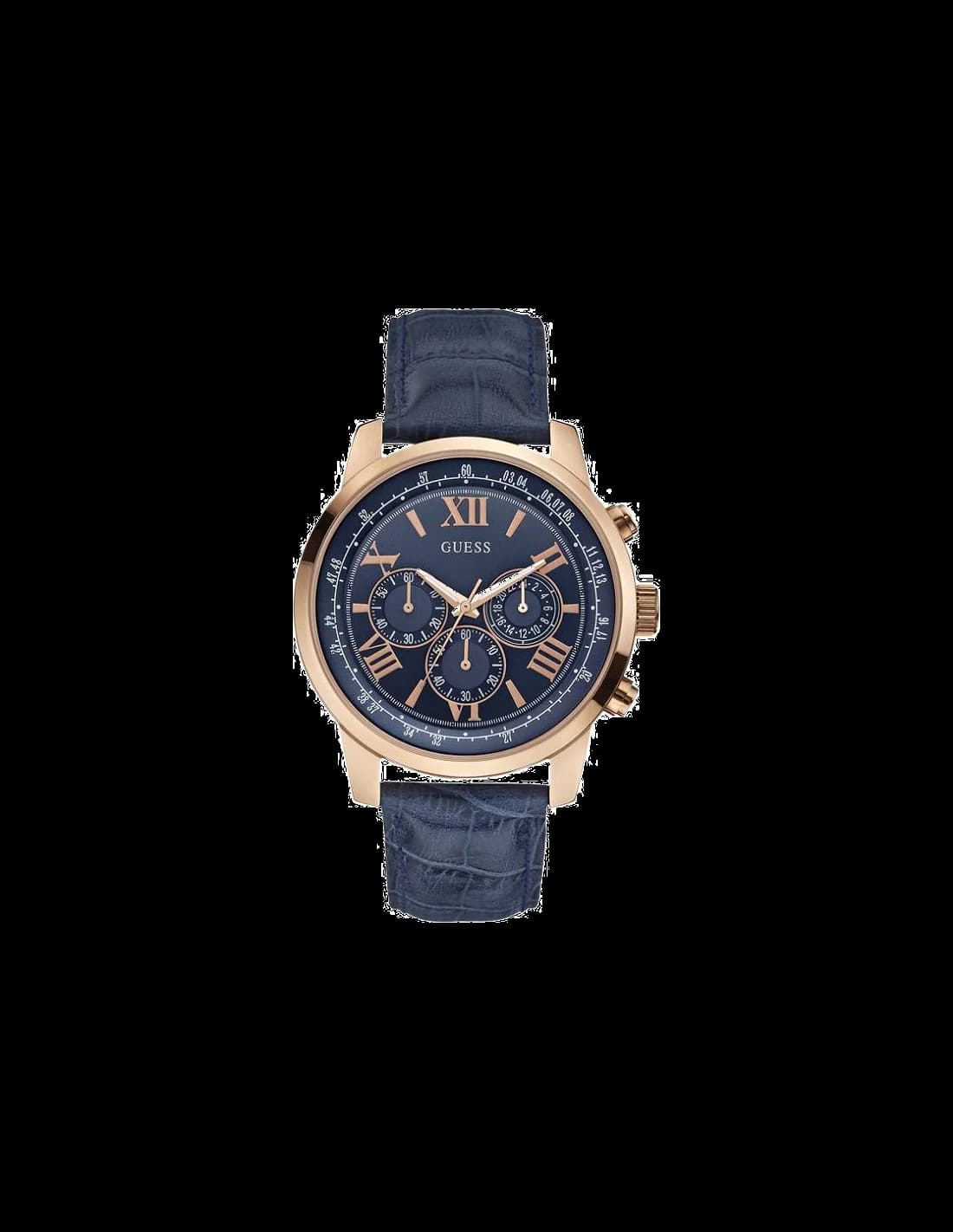 Montre Guess W0380G5 en cuir bleu et acier or rose, cadran bleu soleil avec index dorés