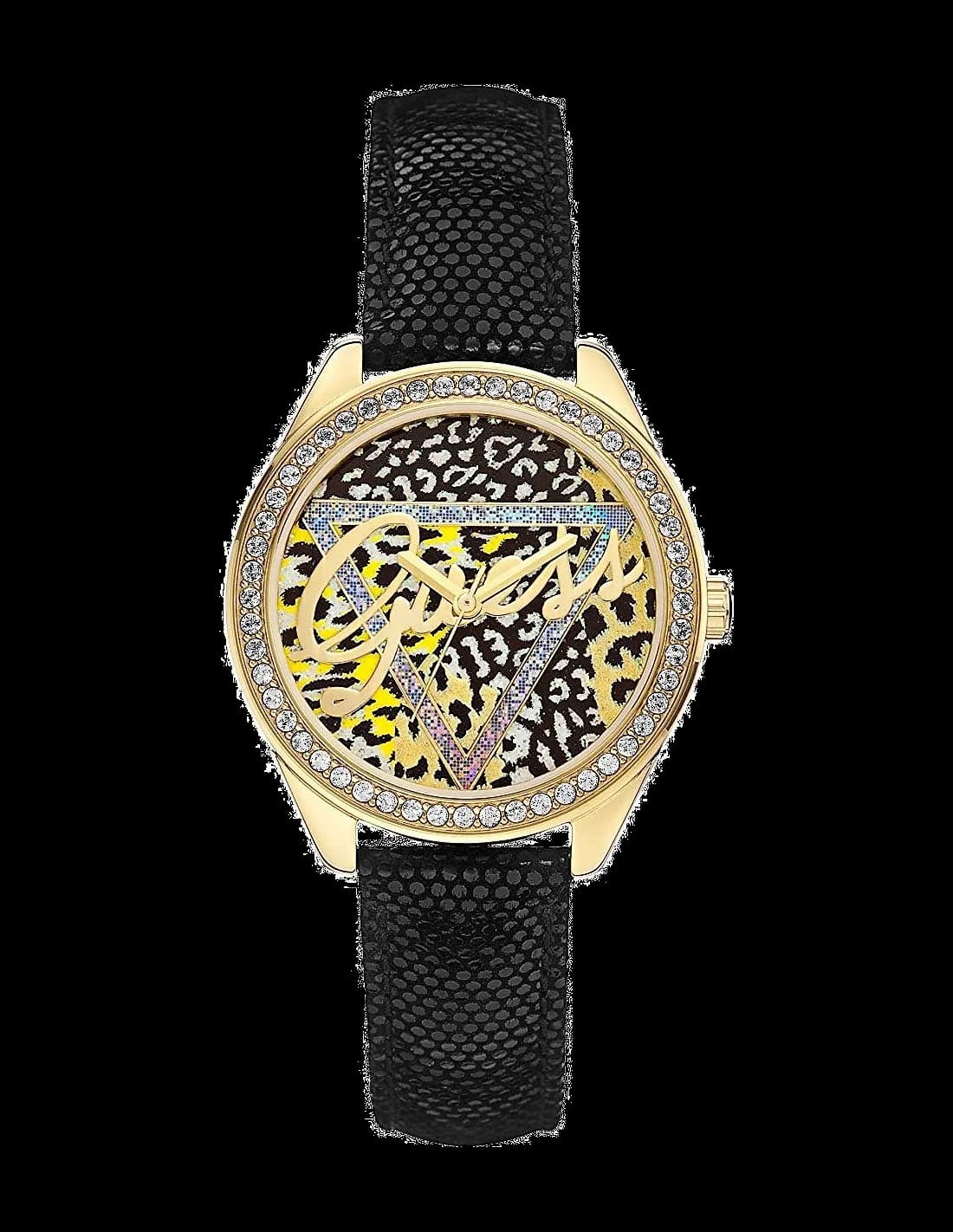Montre Guess W0456L4 au cadran noir motif léopard et boîtier doré, style chic et tendance
