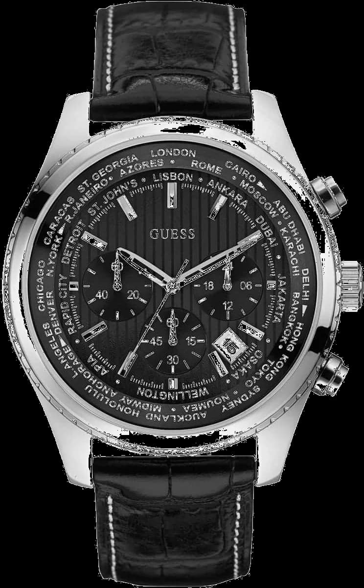 Montre Guess W0500G2 au cadran noir multifonction sur fond noir, style moderne et sportif