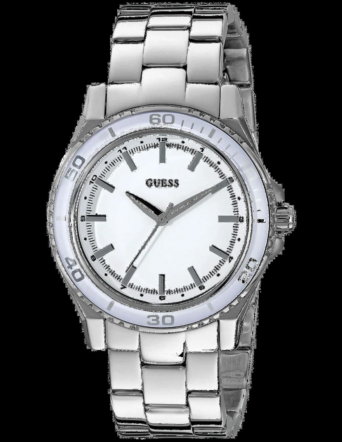 Montre Guess W0557L1 argentée à maillons avec cadran rond blanc et index dorés, style chic et élégant
