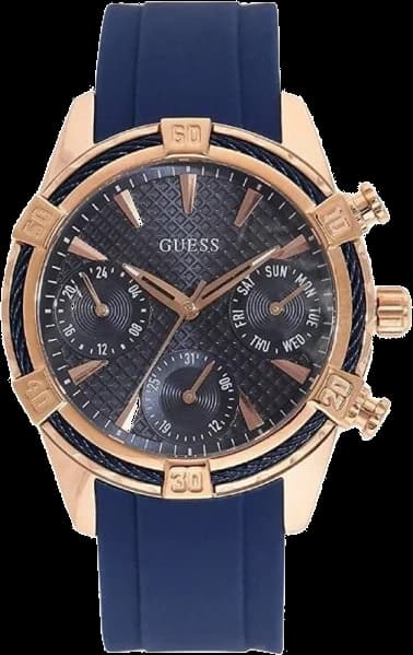 Montre Guess W0562L3 avec cadran bleu soleil, index dorés et aiguilles bâton, style élégant moderne