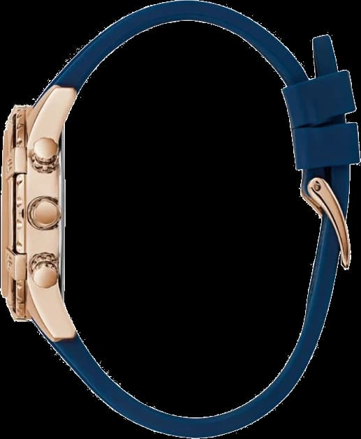 Cadran Guess W0562L3 au cadran bleu, index appliqués et date à 3h, aiguilles dorées contrastées