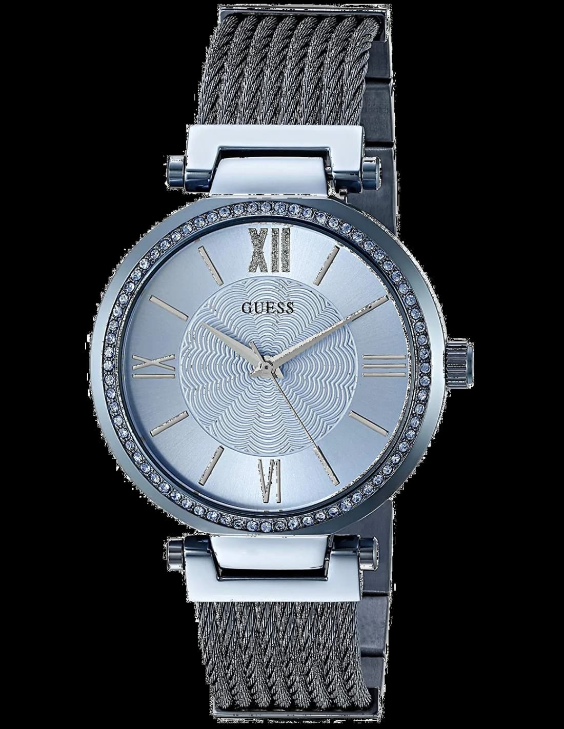 Montre Guess W0638L3 en acier inoxydable avec cadran bleu azur et finitions dorées, style chic et moderne
