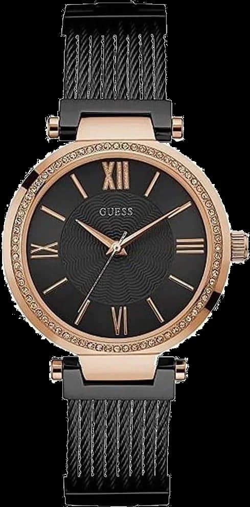 Montre Guess W0638L5 au cadran noir avec boîtier en or rose et bracelet maille, style chic et féminin