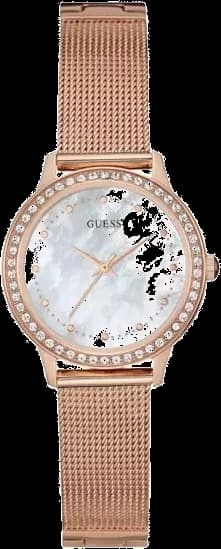 Montre Guess W0647L2 avec cadran blanc soleil et index dorés, style chic et lumineux