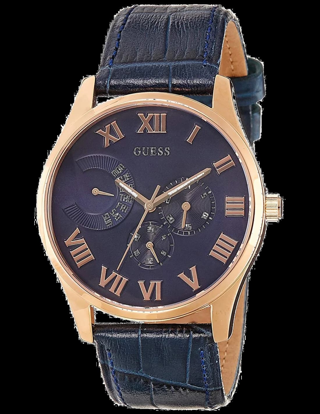 Montre Guess W0669G2 au cadran bleu soleil avec index dorés et trois aiguilles