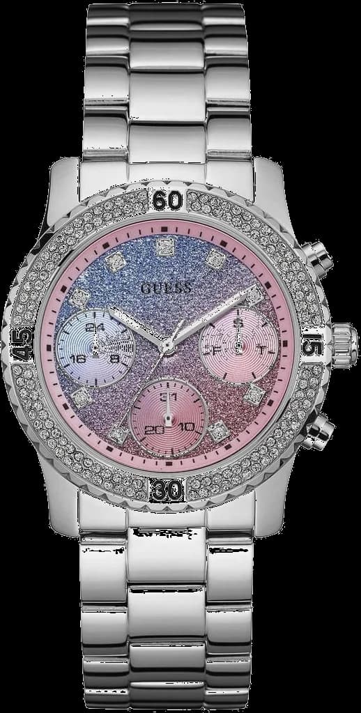 Montre Guess W0774L1 au cadran bicolore bleu et rose sur fond argenté, style chic et féminin