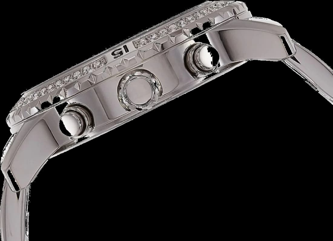 Cadran Guess W0774L1 avec index bâtons argentés et aiguilles fines, date à 3h, contraste bleu-rose