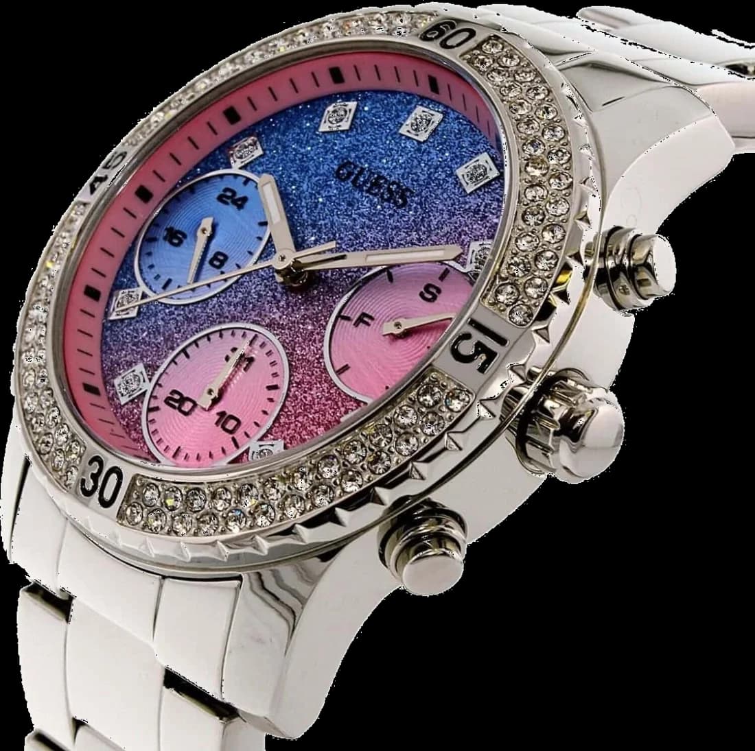 Bracelet Guess W0774L1 en acier inoxydable bicolore argent et or rose, maillons élégants et boucle déployante