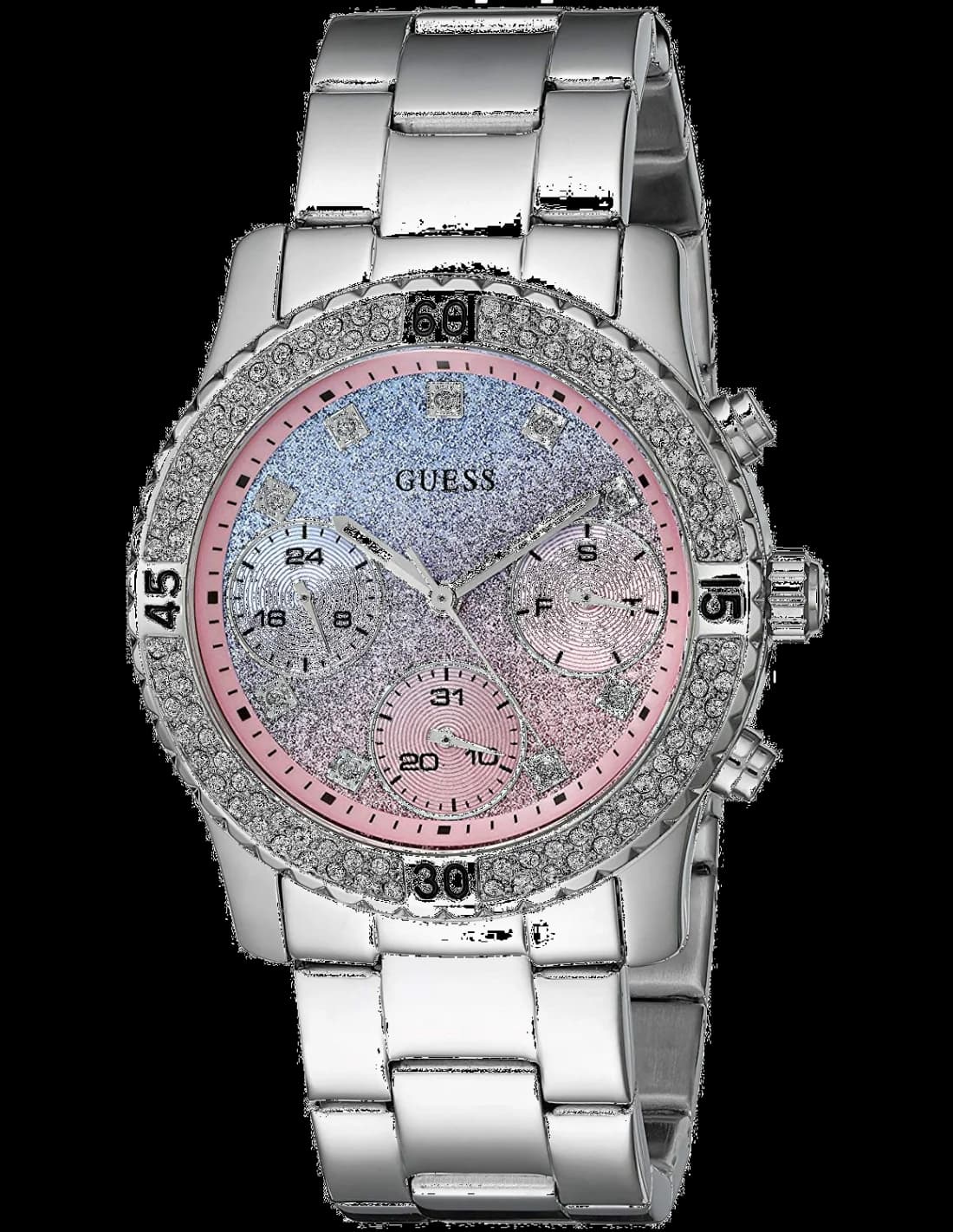 Boîtier Guess W0774L1 en acier argenté de forme ronde, lunette lisse, profil fin et épaisseur classique