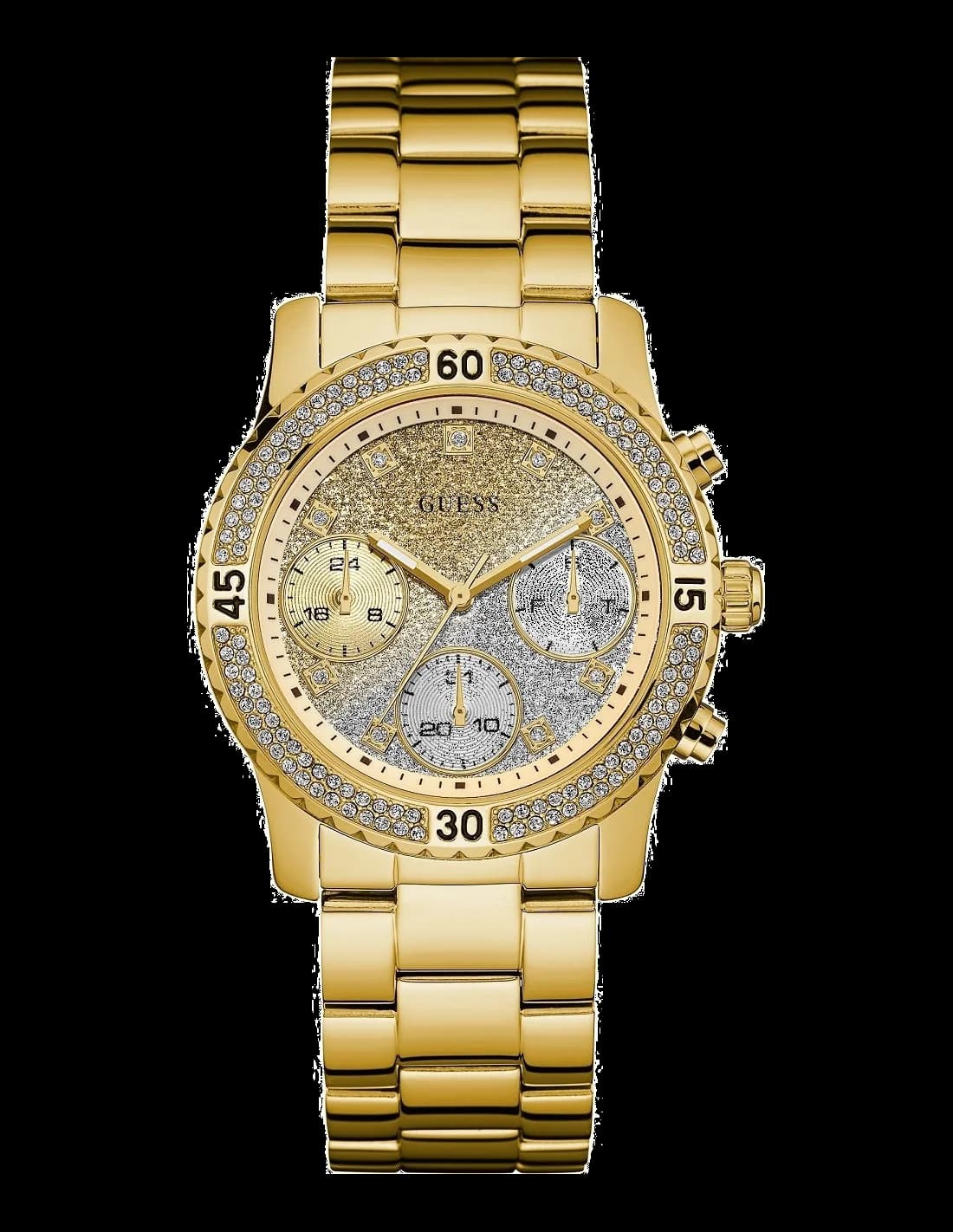 Montre Guess W0774L5 en acier doré jaune avec cadran blanc orné de cristaux scintillants et finition élégante