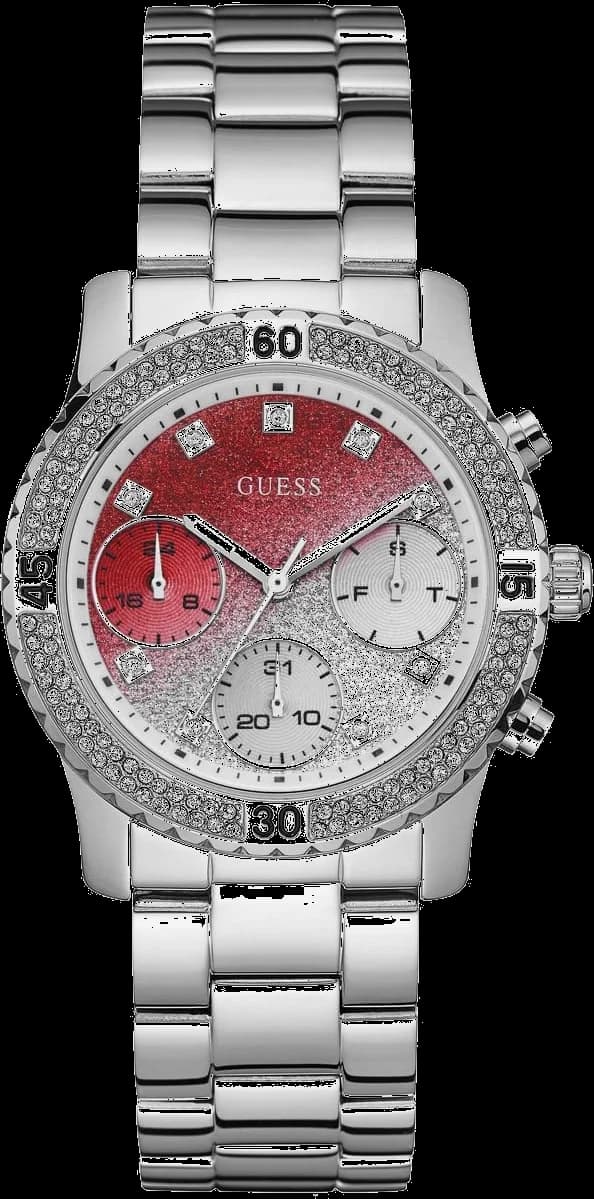 Montre Guess W0774L7 au cadran blanc nacré et lunette sertie de strass, style élégant et féminin