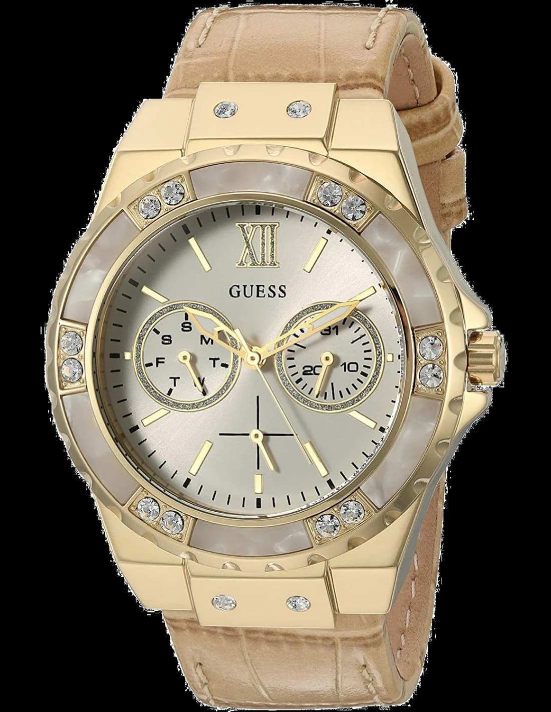 Montre Guess W0775L2 au cadran beige et boîtier doré, style élégant et raffiné