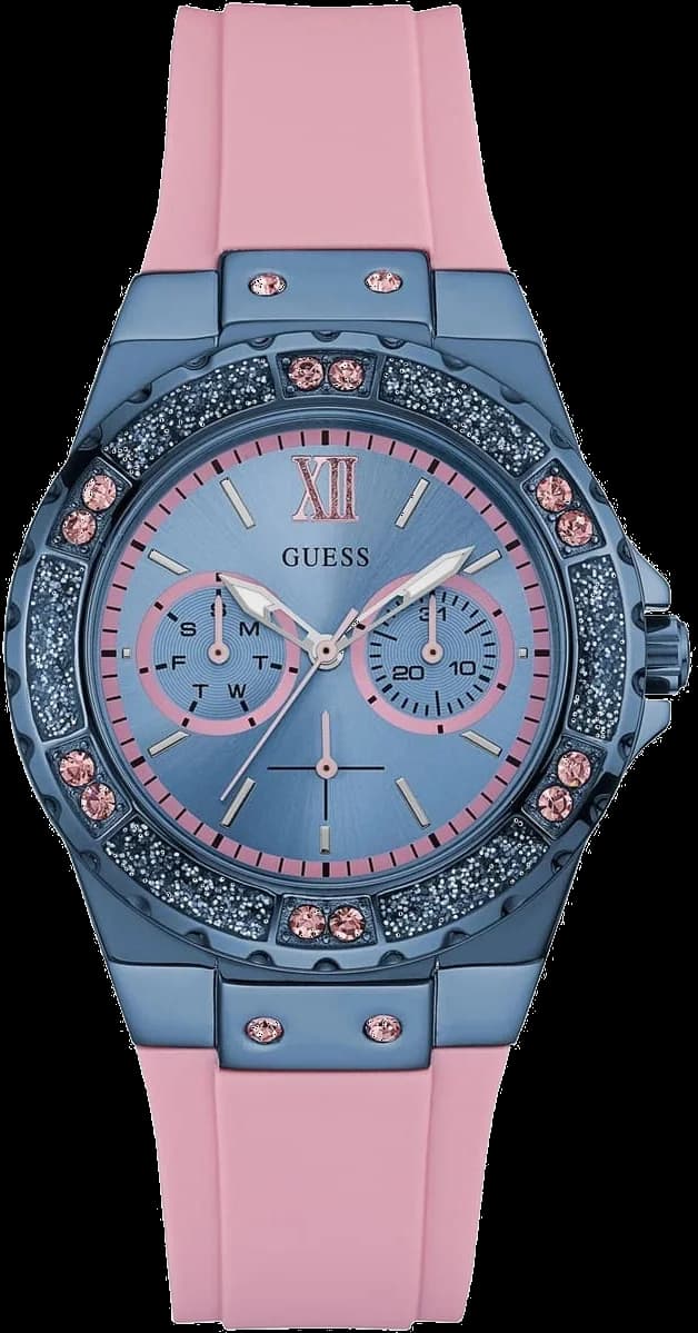 Montre Guess W0775L5 au cadran blanc nacré orné de cristaux et index dorés, style élégant et féminin